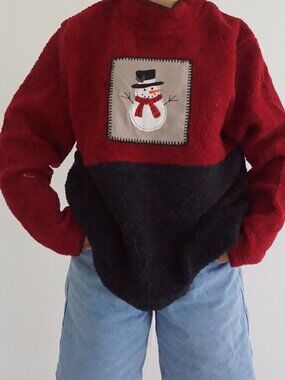 Vintage C&B Red Black Snowman Plaid Christmas Holiday Patchwork Sweater XL